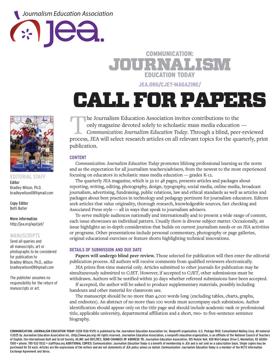 Looking for a place to get your research on student media or journalism education published? <a href="/nationalJEA/">JEA</a> has the medium for you — Communication: Journalism Education Today, the voice of student media education. jea.org/cjet-magazine/ <a href="/AEJMC/">AEJMC</a> <a href="/AejmcS/">AEJMC_SJD</a>