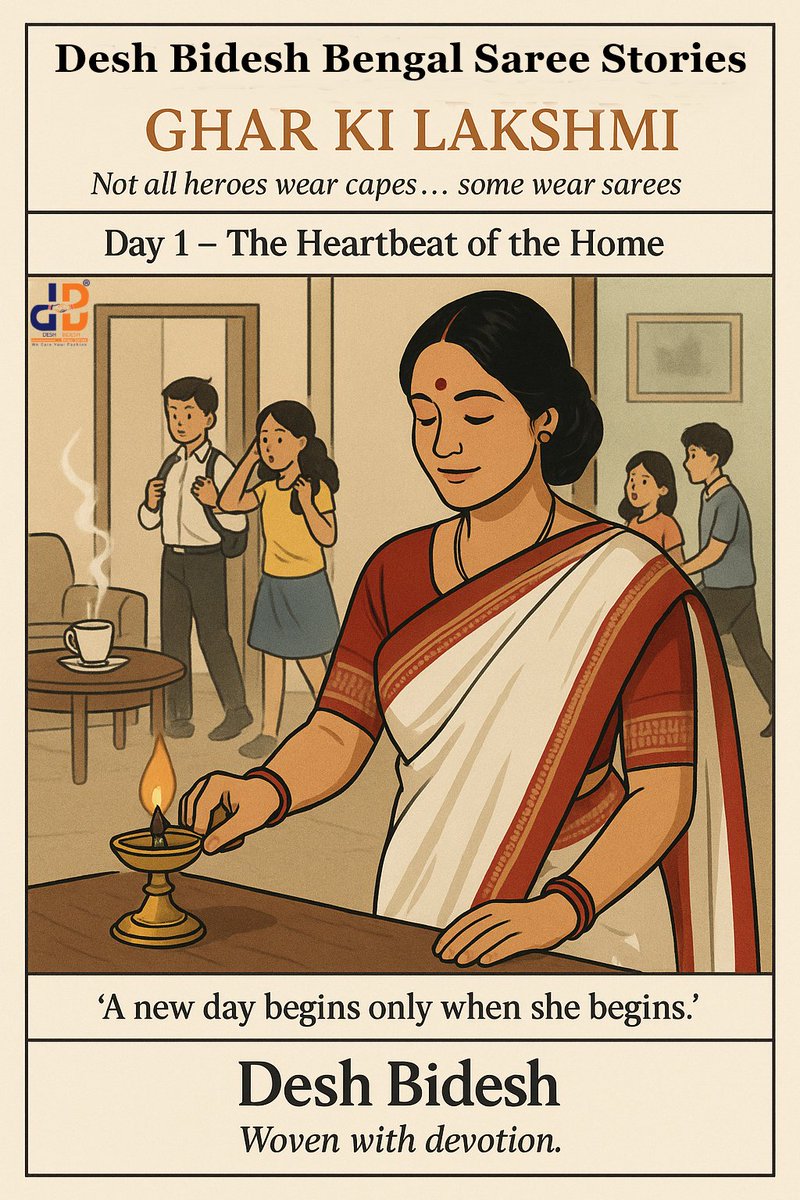 deshbideshsaree's tweet photo. 🌅 Ghar Ki Lakshmi – Day 1: The Heartbeat of the Home
Not all heroes wear capes… some wear sarees. 
 woman who weaves magic into every morning.
#DeshBideshBengalSaree #GharKiLakshmi #WovenWithDevotion #SareeStories #EverydayQueen #HeartbeatOfTheHome #SareeNotSorry https://t.co/an0vaIBwso