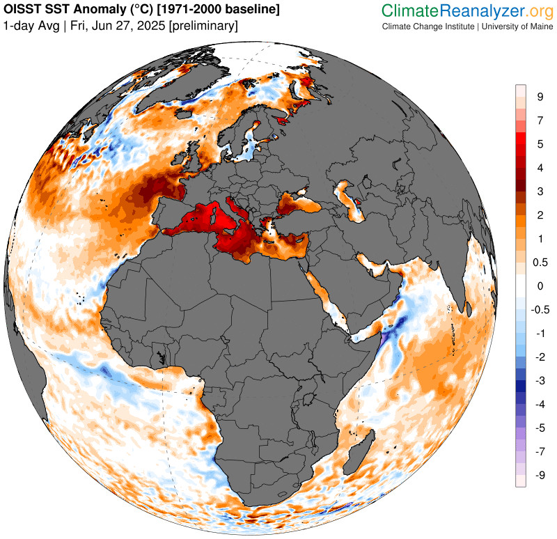 An intense marine heatwave is gripping the Mediterranean Sea.

Vast areas of the Mediterranean are experiencing temperatures several degrees above the 1971-2000 baseline.