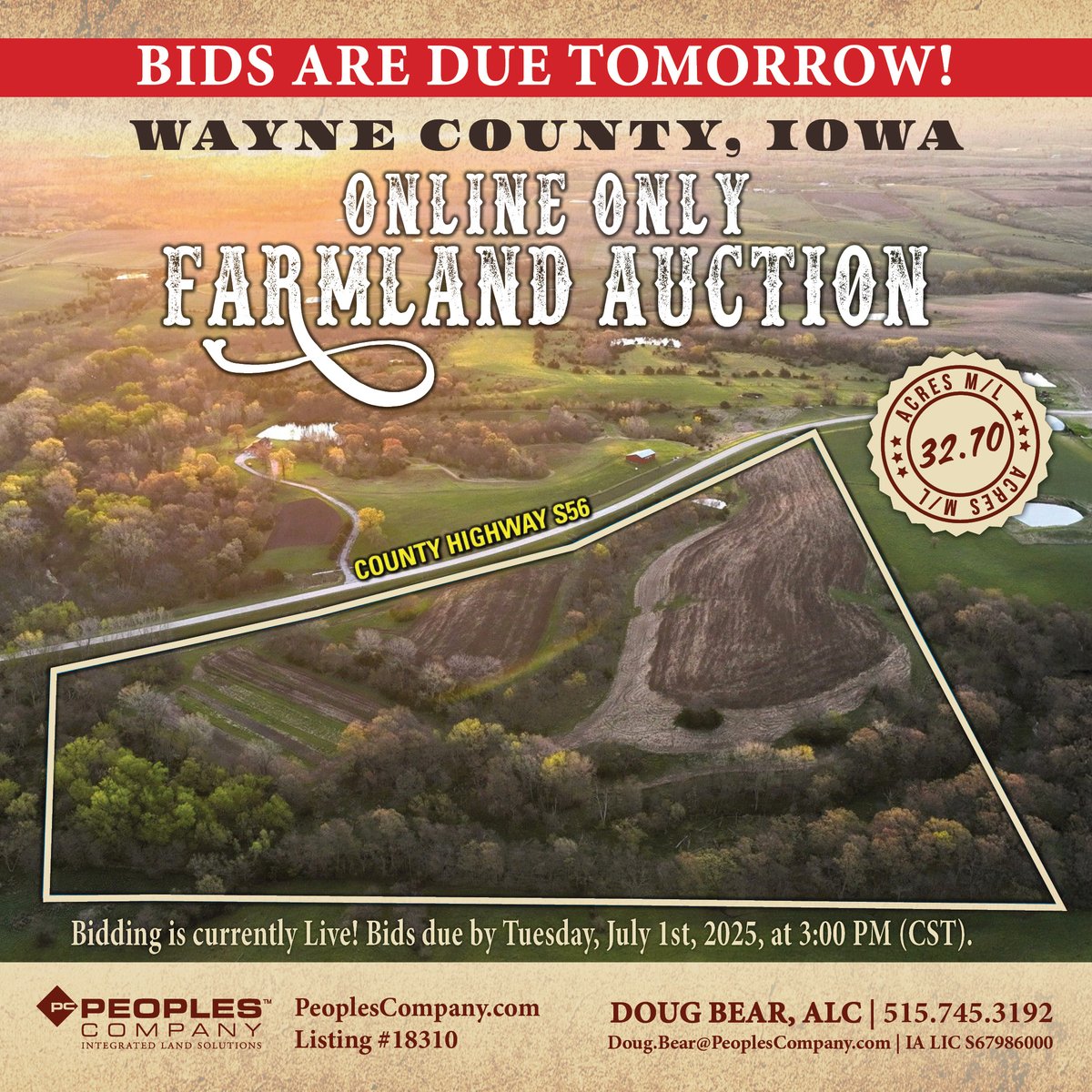 BIDS ARE DUE TOMORROW!

ONLINE ONLY FARMLAND AUCTION - Bids due Tuesday, July 1st, 2025, at 3:00 PM!

Peoples Company presents 32.70 acres m/l in northeast Wayne County, Iowa.

+ Located adjacent to paved County Highway S56, this tract offers a mix of hardwood timber and 17.69