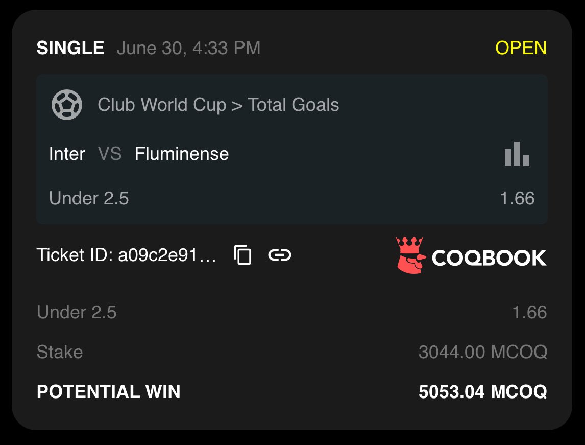 Someone's betting over 3 billion $COQ on under 2.5 goals in the FIFA Club World Cup match today ⚽️

🇮🇹 Inter v Fluminese 🇧🇷

Stay hard, whoever you are