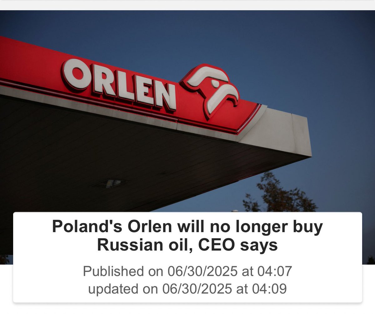 🇵🇱 Polish refiner Orlen will not buy Russian oil for its Czech refinery Litvinov after June 30.

🇨🇿 The Czech Republic had said in April that it had become fully independent of Russian oil supplies