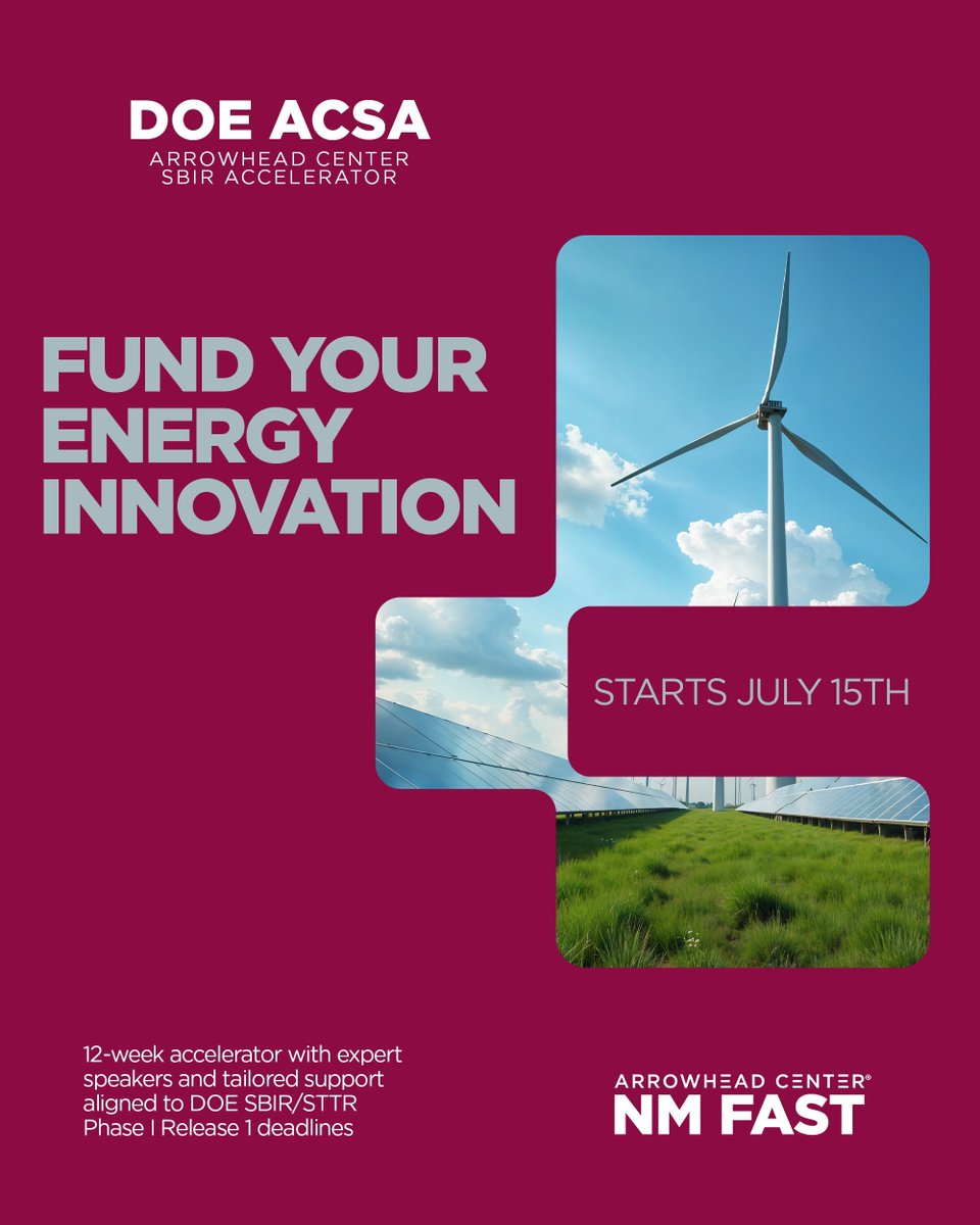 NM_Fast's tweet image. .@ENERGY funds energy innovation — if you know how to apply. Our DOE Arrowhead Center SBIR Accelerator (ACSA) guides you through the SBIR/STTR process, helps strengthen your proposal, and keeps you on track with deadlines. Register now: bit.ly/acsa_doe