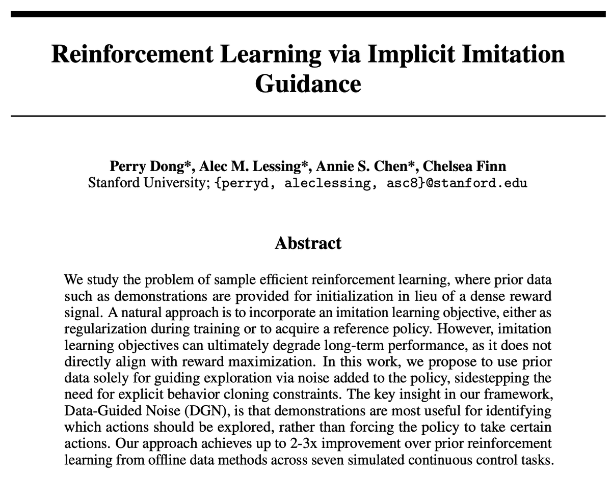 _anniechen_'s tweet image. How should an RL agent leverage expert data to improve sample efficiency?
Imitation losses can overly constrain an RL policy.
In RL via Implicit Imitation Guidance, we show how to use expert data to guide more efficient *exploration*, avoiding pitfalls of imitation-augmented RL