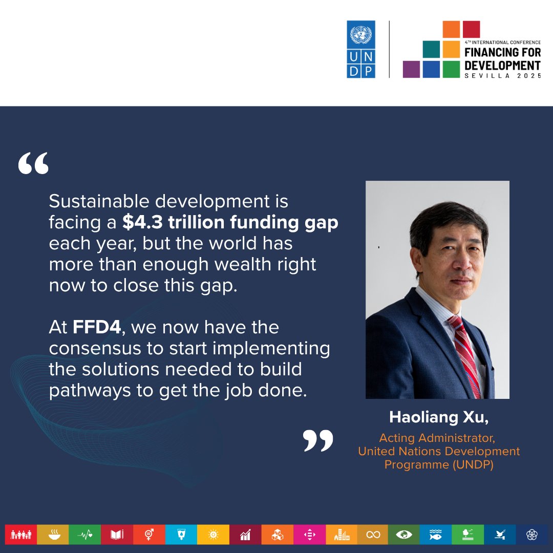 At #FFD4, we join governments, financial institutions, business &amp; civil society to bring systemic shifts &amp; set the foundation for a sustainable financial architecture.

Learn more &amp; join us at the 4th Financing for Development Conference starting today: go.undp.org/Udf