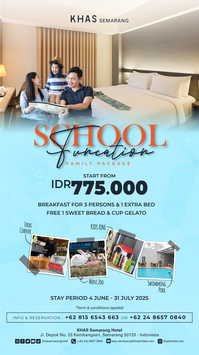 Nikmati liburan sekolah seru di KHAS Semarang Hotel dengan Promo Menarik Family Package! 

📍 KHAS Semarang Hotel
Jl. Depok No. 33, Semarang
📲 Info &amp; Reservasi:
📱 0815 6543 663
☎️ 024 8657 0840
📩 stay.semarang@hotels.com
🌐 khashotels.com
📱 FB &amp; IG: <a href="/khassemaranghtl/">KHAS Semarang Hotel</a>