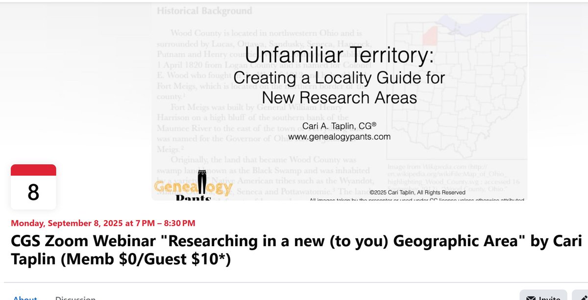 Join us on September 8, 2025 from 7:00-8:30pm central for our CGS Webinar via Zoom, “Unfamiliar Territory: Researching in a new (to you) Geographic Area" with Cari A. Taplin, CG® (CGS Member $0/Guest $10*). Registration required. Details at chicagogenealogy.org/event-6182532 #ChicagoGenSoc