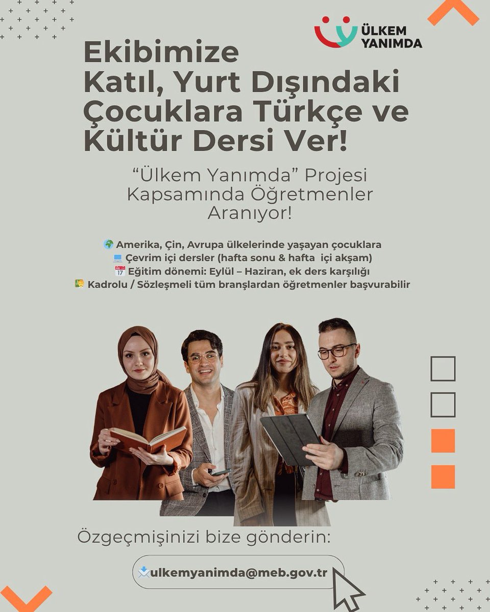 Yükseköğretim ve Yurt Dışı Eğitim Genel Müdürlüğü (@mebyyegm) on Twitter photo 📢 “Ülkem Yanımda” projesi kapsamında, yurt dışında yaşayan çocuklara çevrim içi Türkçe ve Türk Kültürü dersi verecek öğretmenler aranıyor!
👩🏫 Kadrolu & sözleşmeli tüm branşlardan öğretmenler başvurabilir.
💻 Ek ders ücreti karşılığında
📩 Başvuru: ulkemyanimda@meb.gov.tr 📢 “Ülkem Yanımda” projesi kapsamında, yurt dışında yaşayan çocuklara çevrim içi Türkçe ve Türk Kültürü dersi verecek öğretmenler aranıyor!
👩🏫 Kadrolu & sözleşmeli tüm branşlardan öğretmenler başvurabilir.
💻 Ek ders ücreti karşılığında
📩 Başvuru: ulkemyanimda@meb.gov.tr