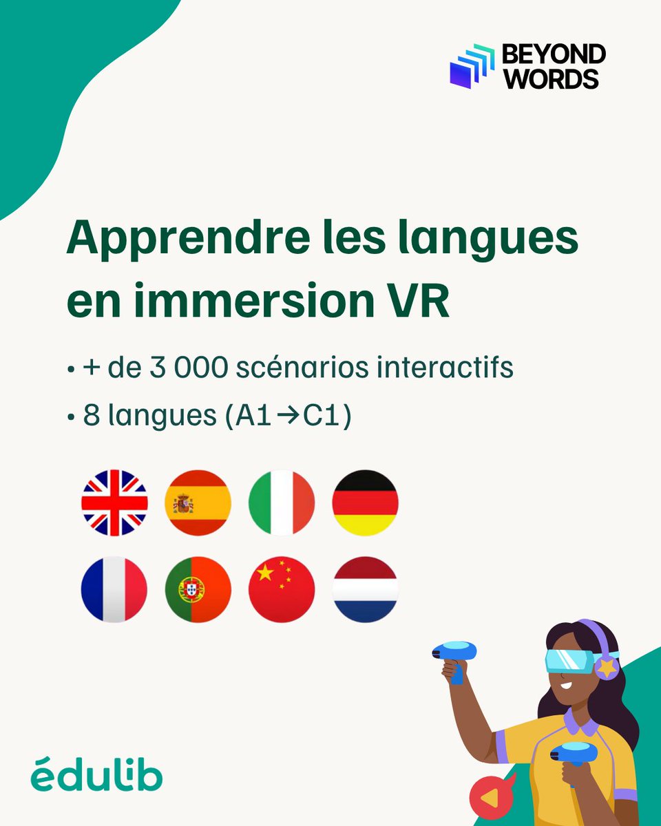 EdulibFR's tweet photo. 🌍 Nouveau chez Edulib : Beyond Words, immersion VR pour apprendre 8 langues 🇩🇪🇬🇧🇨🇳🇪🇸🇫🇷🇮🇹🇳🇱🇵🇹

🎯 +3 000 scénarios interactifs du niveau A1 à C1

🎥 Découvre l’expérience → https://t.co/J1dNcSv7ij
📘 Catalogue → https://t.co/DkM4bJr6KQ
#EdTech #LanguesVivantes #VR https://t.co/W6Y3dEzwqm