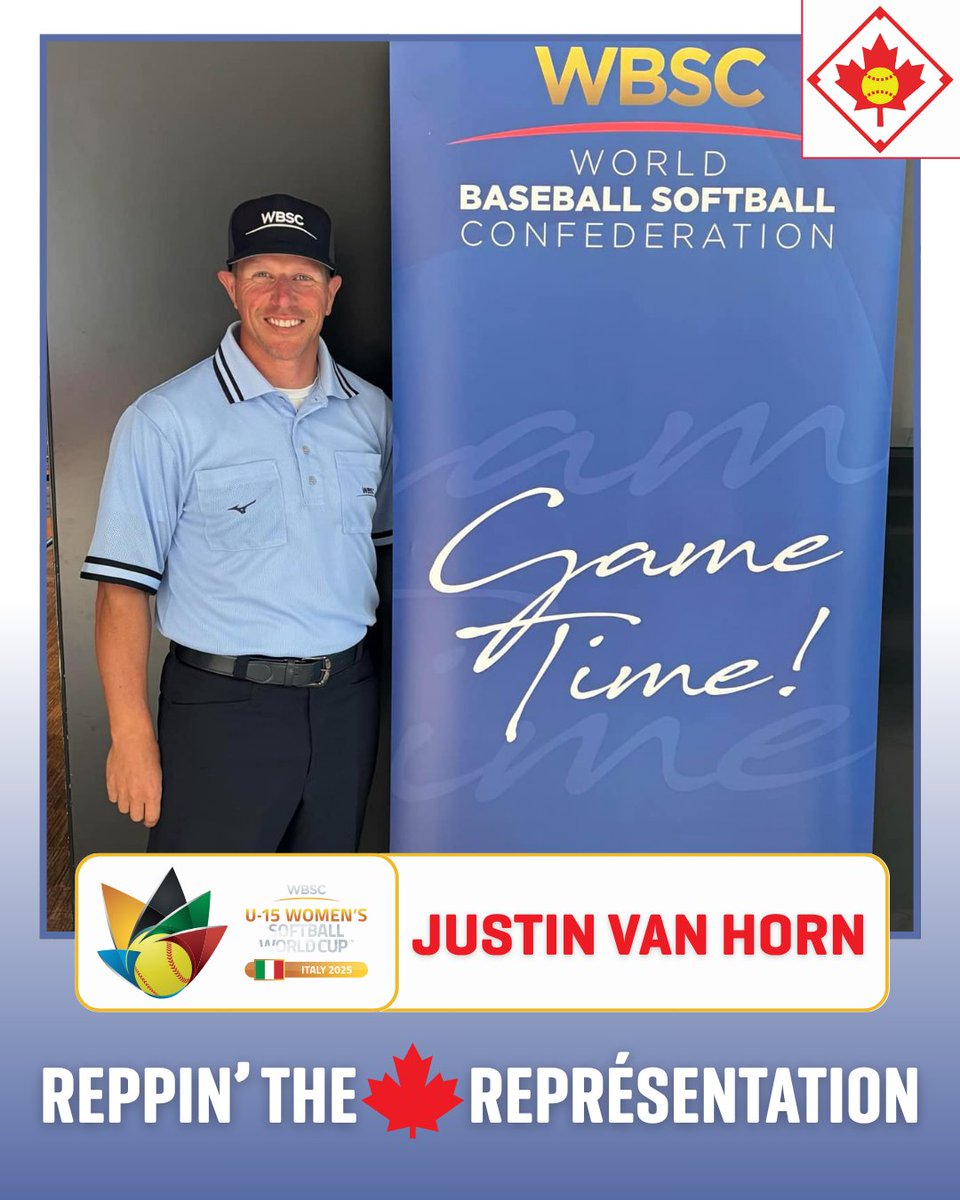Reppin' the 🍁
Canadian umpire Justin Van Horn is proudly representing 🇨🇦 at the U-15 Women’s Softball World Cup in 🇮🇹 Italy! 👏

Représentation du Canada 🍁!
L'arbitre canadien Justin Van Horn représente fièrement 🇨🇦 à la Coupe du monde de softball féminin U-15 à 🇮🇹 en Italie !