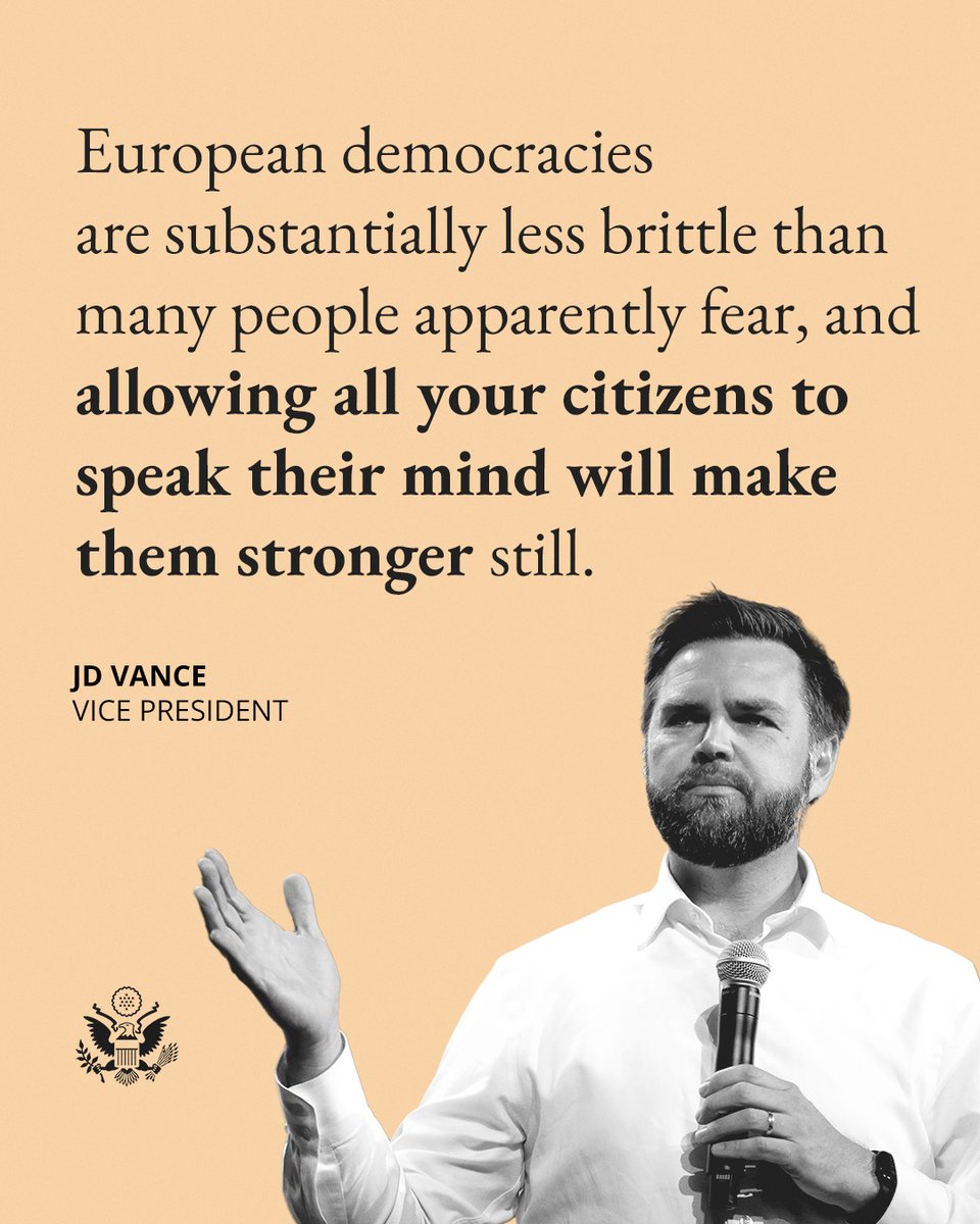 US Embassy Podgorica (@usembassymne) on Twitter photo .<a href="/VP/">Vice President JD Vance</a>: “European democracies are substantially less brittle than many people apparently fear, and allowing all your citizens to speak their mind will make them stronger still.” .<a href="/VP/">Vice President JD Vance</a>: “European democracies are substantially less brittle than many people apparently fear, and allowing all your citizens to speak their mind will make them stronger still.”