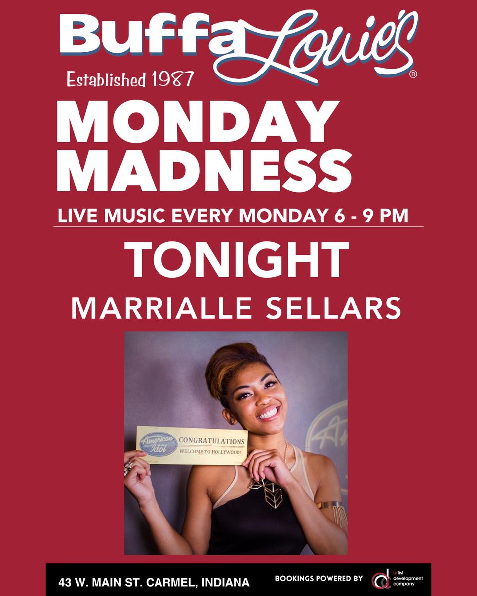 🔥LIVE MUSIC MONDAY🔥

TONIGHT - Marrialle Sellars from 6-9pm

Join us every Monday for live music at BuffaLouie’s Carmel 🎤🍗 

99¢ Boneless Wings 
$10 Cocktails 

#MondayMusic #BuffaloLouies #LiveMusic #CarmelIN #MusicNights