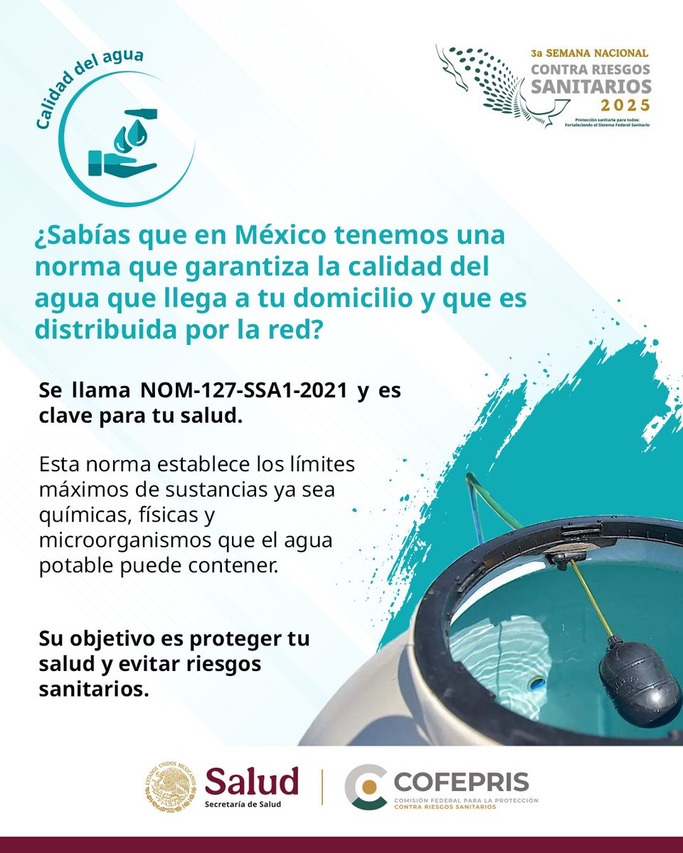 dprisqroo's tweet photo. ¿Por qué es fundamental la NOM-127?
Esta norma es una herramienta clave para prevenir enfermedades transmitidas por el agua.
 #COFEPRISTeProtege #3raSemanaNacionalContraRiesgosSanitarios                                           📢#3raSemanaNacionalContraRiesgosSanitarios https://t.co/XMK3Ee3hTR