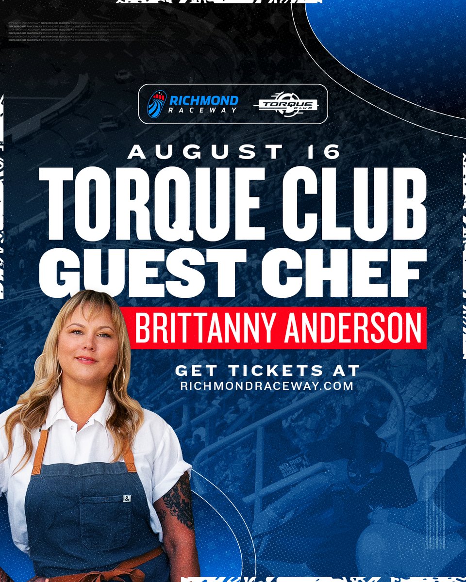 RichmondRaceway's tweet image. We're excited to announce Brittanny Anderson as our guest chef for the Torque Club on August 16th!
Brittanny will be preparing small bites to share along with her culinary wisdom with Torque Club guests from 3-6pm!
Join us in the Torque Club ➡️ bit.ly/3I7Ac3E