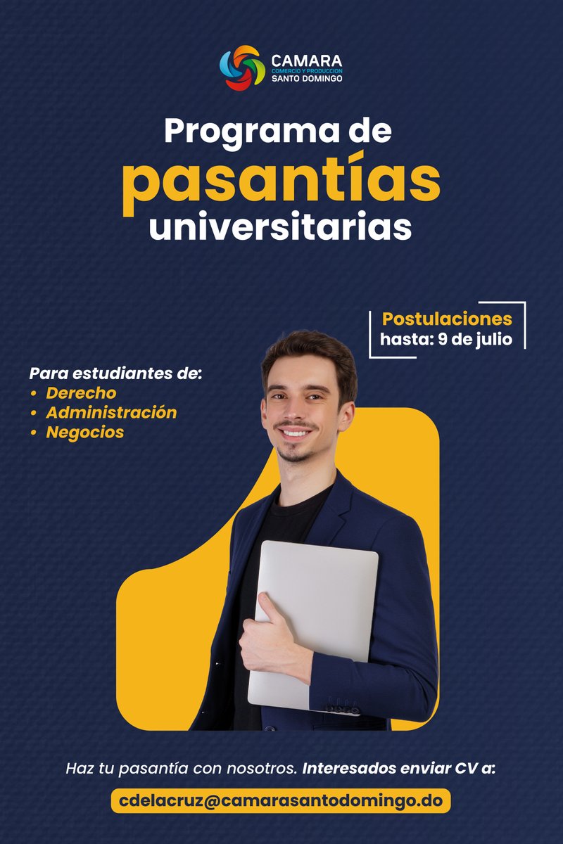 🚨 ¡Convocatoria abierta para pasantías en Registro Mercantil!

🗓️ Del 15 de julio al 15 de septiembre
📍 Modalidad presencial

✅ Conoce los procesos registrales
✅ Desarrolla habilidades clave
✅ Mejora tu perfil profesional

📩 Postúlate y da ese primer paso hacia una carrera