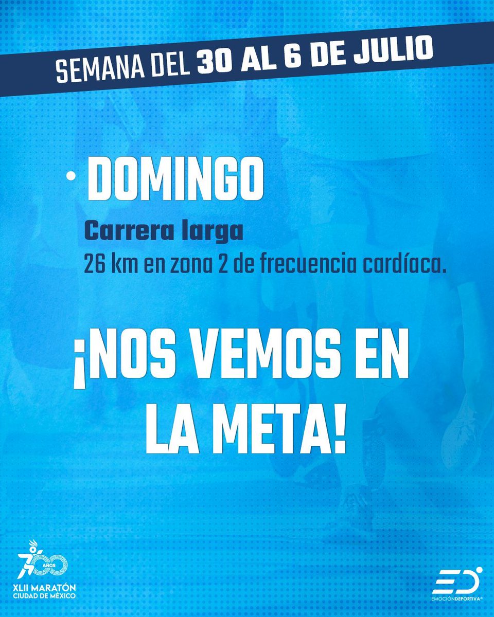 Emoción Deportiva (@emociond) on Twitter photo 🏃 ¡Sigue entrenando!
Nos acercamos al Maratón de la Ciudad de México Telcel 2025 y cada paso cuenta.
💪 Aquí tienes tu plan de entrenamiento del 30 de junio al 6 de julio.
No se trata solo de llegar a la meta, entrena con constancia, corre con propósito.
#MaratónCDMX 🏃 ¡Sigue entrenando!
Nos acercamos al Maratón de la Ciudad de México Telcel 2025 y cada paso cuenta.
💪 Aquí tienes tu plan de entrenamiento del 30 de junio al 6 de julio.
No se trata solo de llegar a la meta, entrena con constancia, corre con propósito.
#MaratónCDMX