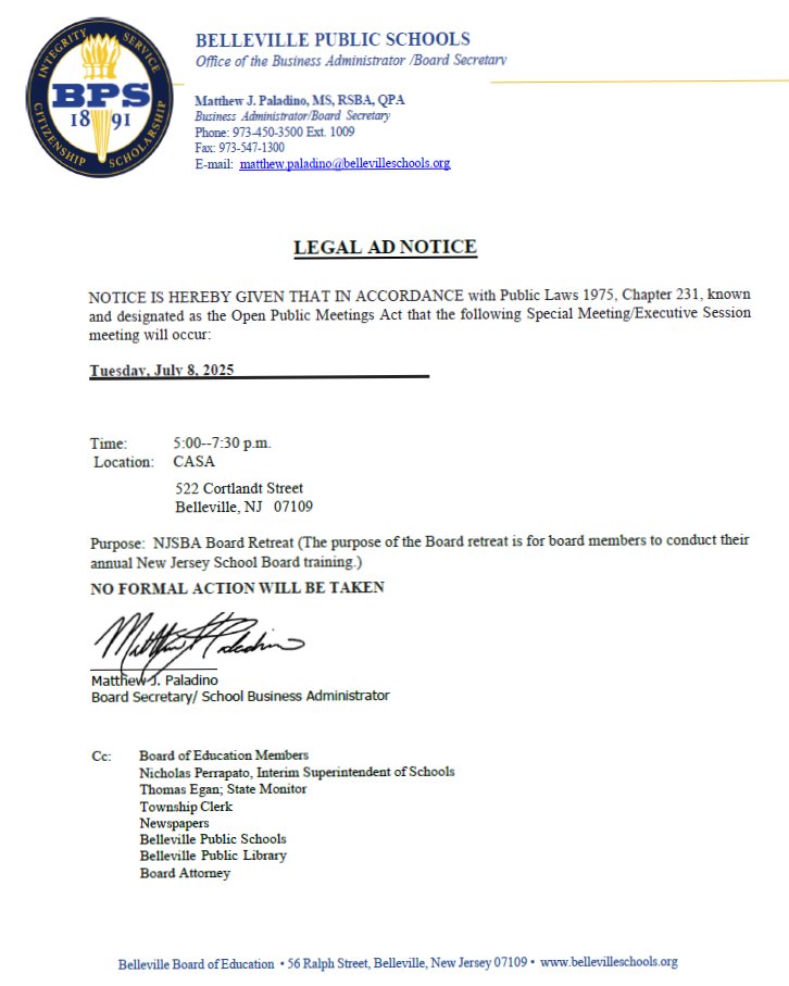 📢 Public Notice:
Belleville BOE Special Meeting
🗓 July 8, 2025
🕔 5:00–7:30 PM
📍 CASA, 522 Cortlandt St., Belleville

Purpose: NJSBA Board Retreat (Board training)
⚠️ No formal action will be taken.
#BellevilleSchools #BOEMeeting #NJSBA #PublicNotice