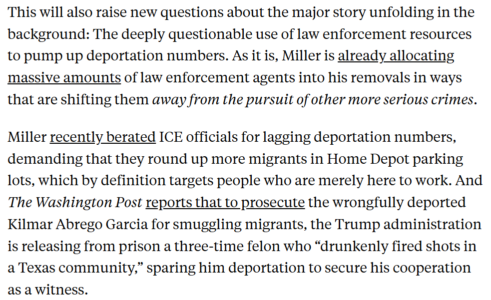 GregTSargent's tweet photo. All this comes as Trump and Stephen Miller are channeling huge amounts of law enforcement resources into deportations, shifting them away from serious crimes. And Rs are giving Trump/Miller tens of billions for more detentions. More deaths are coming.

https://t.co/oILpWCZlzO https://t.co/UNQZxjsyml