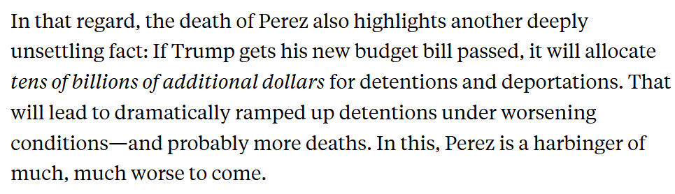 GregTSargent's tweet photo. All this comes as Trump and Stephen Miller are channeling huge amounts of law enforcement resources into deportations, shifting them away from serious crimes. And Rs are giving Trump/Miller tens of billions for more detentions. More deaths are coming.

https://t.co/oILpWCZlzO https://t.co/UNQZxjsyml