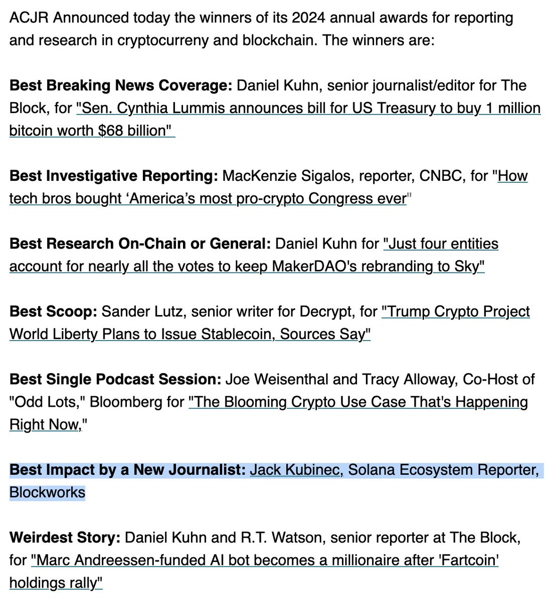 whosknave's tweet image. Honored to have been awarded "Best Impact by a New Journalist" by the @ACJRnetwork. Here are a few of my favorite stories I've written during an eventful year and a half at @Blockworks_: