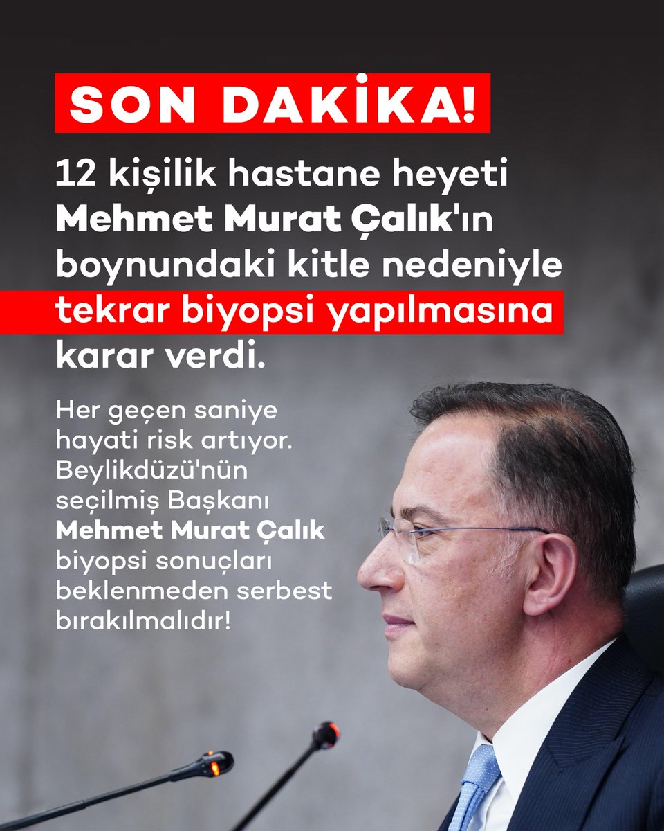 Son Dakika

12 kişilik hastane heyeti Mehmet Murat Çalık'a boynundaki kitle nedeniyle tekrar biyopsi yapılmasına karar verdi.

Her geçen saniye hayati risk artıyor. Beylikdüzü'nün seçilmiş Başkanı Mehmet Murat Çalık biyopsi sonuçları beklenmeden serbest bırakılmalıdır!
