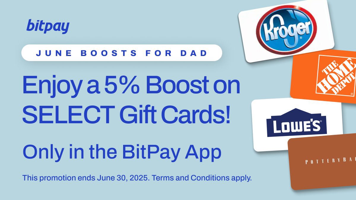 🆕 New boosted gift cards are available!

Receive a 5% boost on select Gift Cards only in the BitPay app. Now through June 30, 2025.

Don’t have the BitPay App yet? 📱Download the app here: bitpay.onelink.me/Cenw/giftcards

Terms of Use: bitpay.com/legal/terms-of…

Campaign Terms and