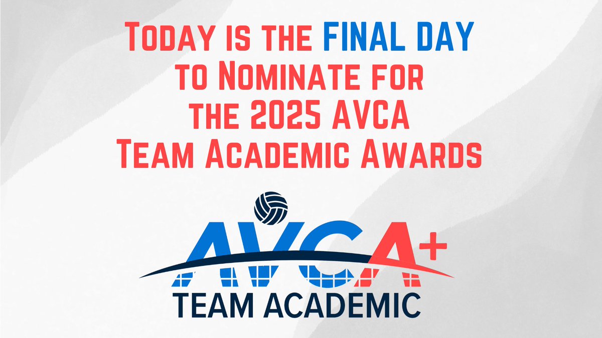 Nominate NOW for the 2024–25 AVCA Team Academic Awards!
Today is the deadline to submit your team’s info for the award program, which honors collegiate and high school varsity volleyball teams that are successful in the classroom.
avca.org/award/2025-avc…
#WeAreAVCA