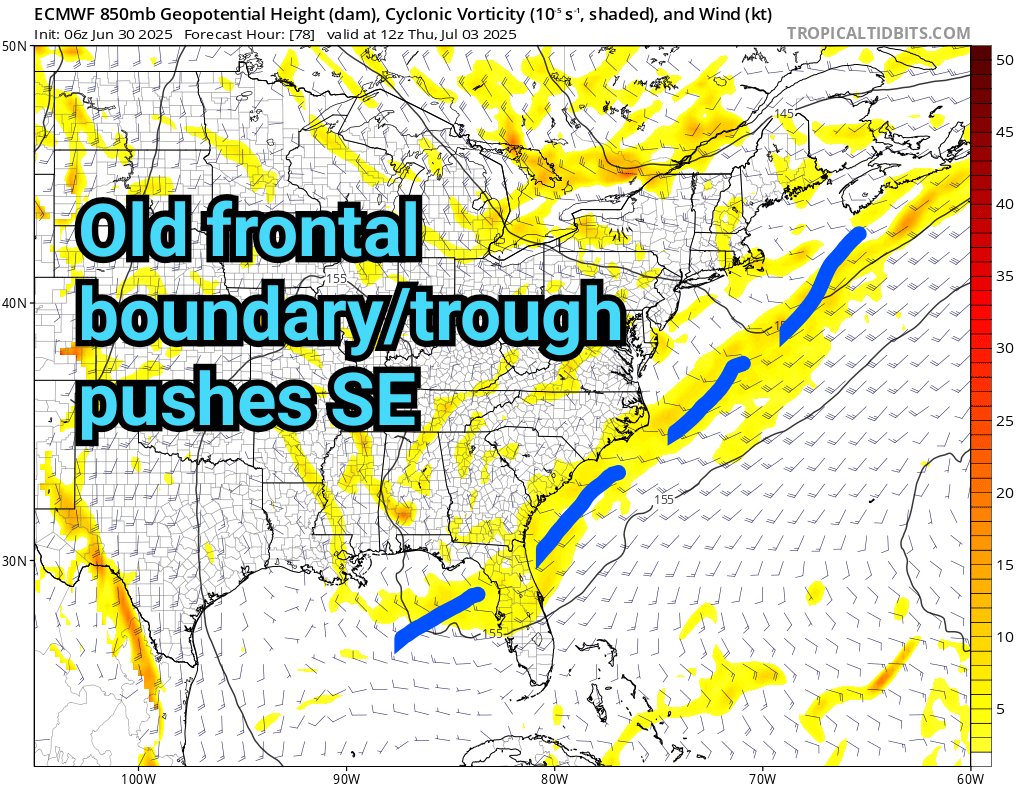 TropicalTidbits's tweet image. This week, we will be monitoring a weather pattern over the southeastern US that *could* have a chance of spawning a tropical storm near the US coastline.
As an old frontal boundary / trough pushes across the coast mid-week, an upper-level ridge "folded over" an upper-level…