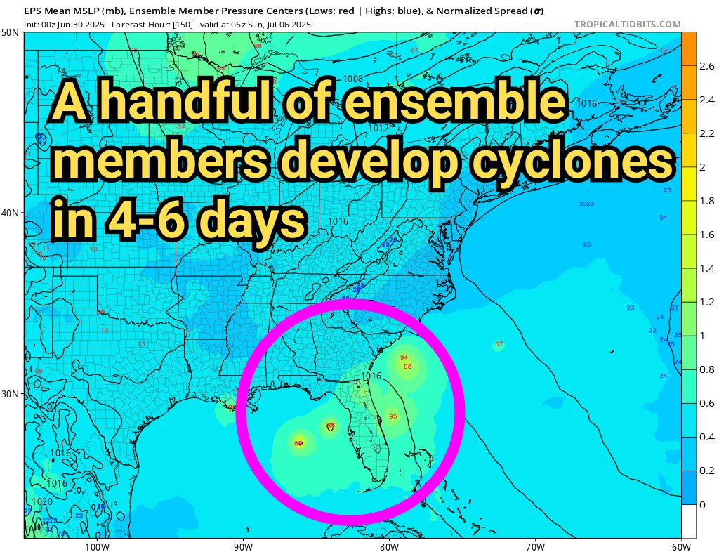 TropicalTidbits's tweet image. This week, we will be monitoring a weather pattern over the southeastern US that *could* have a chance of spawning a tropical storm near the US coastline.
As an old frontal boundary / trough pushes across the coast mid-week, an upper-level ridge "folded over" an upper-level…