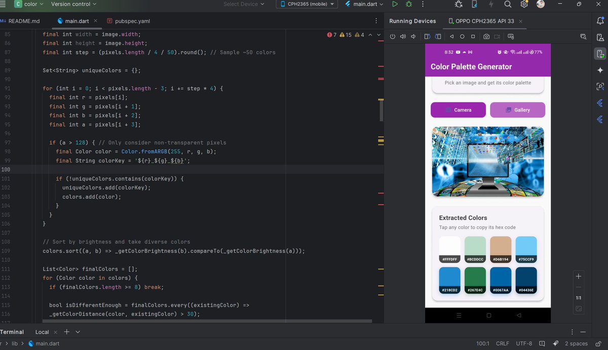KishanP07684084's tweet photo. #LSPPDay30
๐ท Pick an image or snap a photo
๐ Instantly get a beautiful palette with hex codes
๐ Tap any color to copy its hex code
โจ Smooth animations & modern UI for a seamless experience #FlutterApp
@lftechnology
#60DaysOfLearning2025 #LearningWithLeapfrog https://t.co/rPxksQbj3r