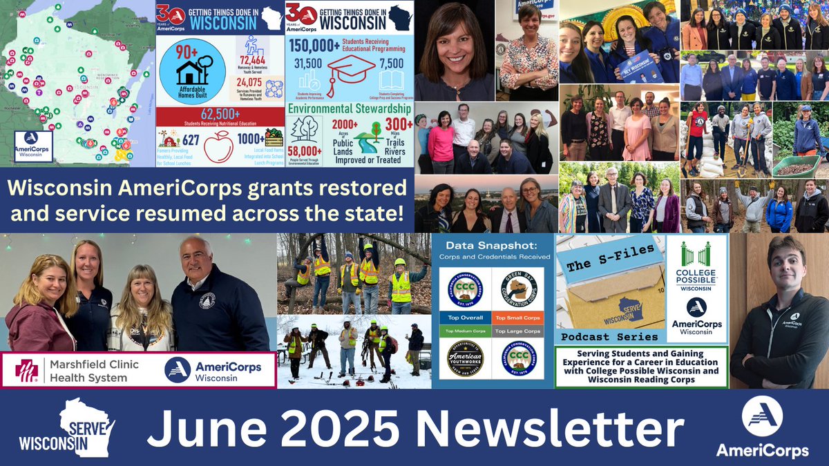 ServeWisconsin's tweet image. Check out our June newsletter: conta.cc/40rTFT0
Stories include restoration of Wisconsin @AmeriCorps grants & service, thank you & farewell to @ServeWisconsin Executive Director Jeanne Duffy, AND #WIAmeriCorps stories from @CollPossibleWI, @mfldclinic, & @cityofgreenbay