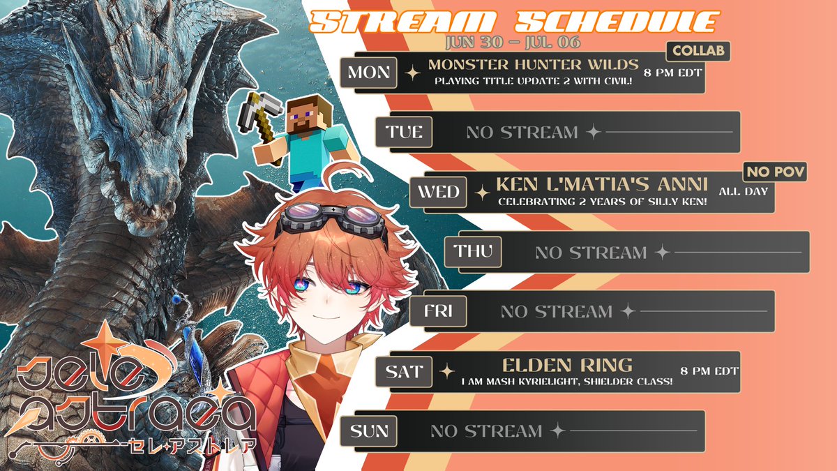 🚀 NEW WEEK, NEW SCHEDULE! 🚀

We've got a MEGA exciting week! We're gonna hunt Lagiacrus and Steve with <a href="/Civilfortissimo/">Civil💜⚗️🔜SMASH! 7/13</a> and then celebrate <a href="/KenLMatia/">Ken L’Matia | Adventurer VTuber ⚔️☀️</a>'s 2nd Anniversary on Wednesday!

Elden Ring on Saturday will be tentative for now, but we'll see!