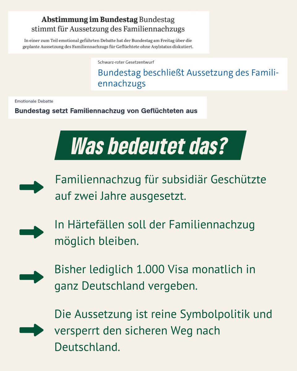 Union &amp; SPD setzen den #Familiennachzug für subsidiär Geschützte aus – integrationsfeindlich &amp; populistisch.
Wer Sprache lernt &amp; arbeitet, braucht Perspektive, nicht Enttäuschung.
Studien zeigen: Familien fördern Integration.
Diese Politik zerstört Hoffnung.
#Menschenrechte