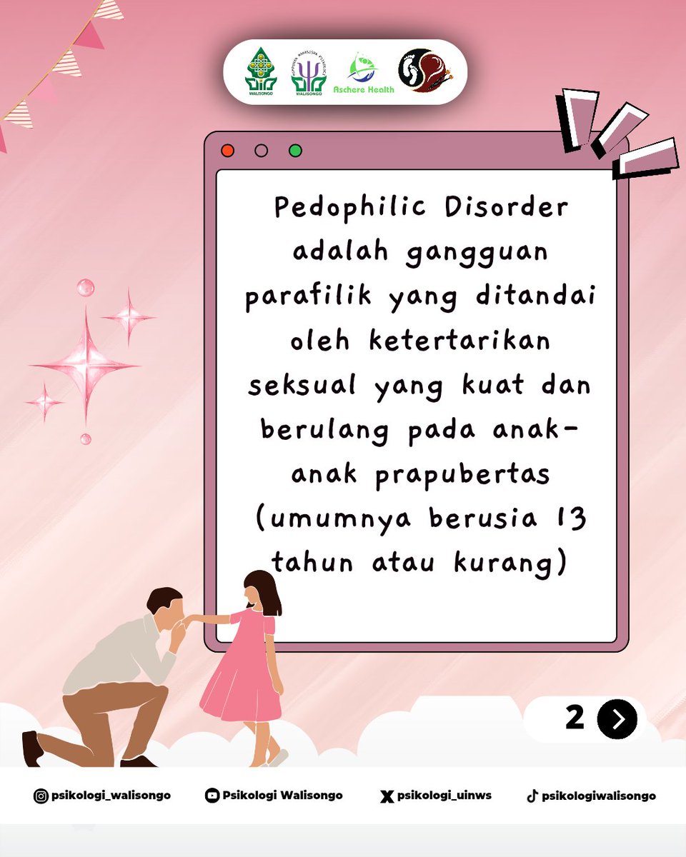 psikologi_uinws's tweet photo. [PSYCHOTALKS #3: PEDOPHILIC DISORDER]

Halo Sobat Psikologi! ⚠️

Pernah dengar tentang Pedophilic disorder? Ini bukan cuma sekadar istilah, tapi kondisi serius yang berhubungan dengan kesehatan mental dan punya dampak besar buat banyak orang. Yuk, kenali lebih jauh gangguan ini! https://t.co/X8snOks9L4