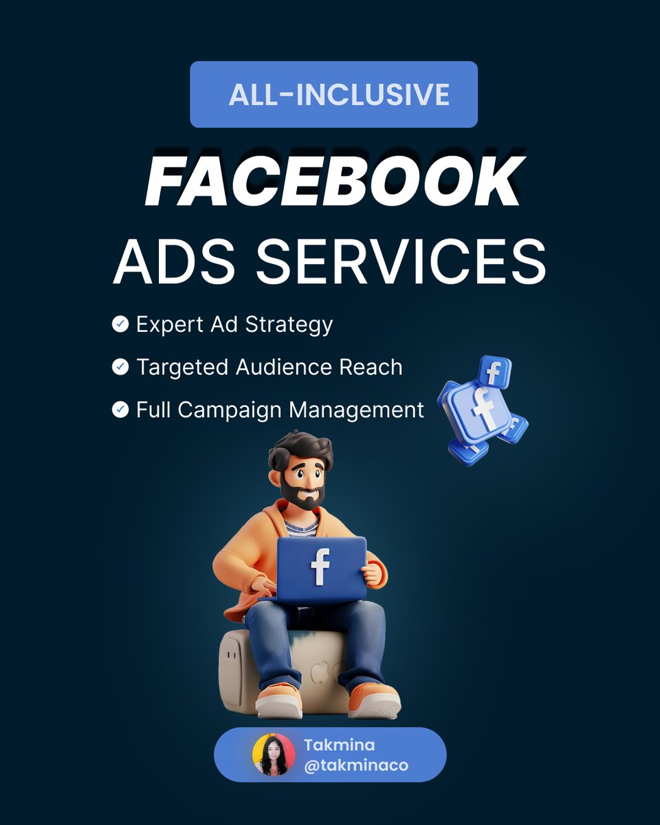 takminco's tweet photo. All-Inclusive Facebook Ads to Grow Your Business!

Ready to reach your ideal customers? We handle strategy, targeting &amp; campaign management so you can focus on what you do best. 📈

✨ Let’s scale your brand → DM or email takmina2k3@gmail.com
#FacebookAds #DigitalMarketing https://t.co/wytr4dif0y