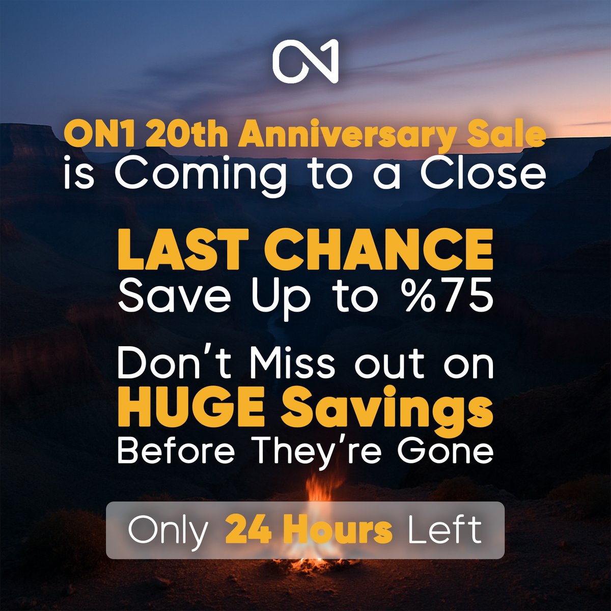 🔥 Final Hours! 🔥

The ON1 20th Anniversary Sale is coming to a close — this is your LAST CHANCE to save up to 75% on ON1 Photo RAW MAX 2025, Professional Plugins, Photo Kits, and more!

⏰ Only 24 hours left to grab our biggest deals of the year before they disappear.

Whether