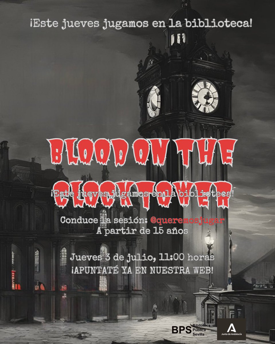 Biblioteca Sevilla (@bibsevilla) on Twitter photo Ven a <a href="/bibsevilla/">Biblioteca Sevilla</a> a disfrutar de nuestros #JuevesJugones. El próximo día 3 partida de #BloodOnTheTowerclock con @queremos_jugar.
#BibSevilla #RoleaEnLaBiblioteca #LaBibliotecaJuega #ActividadesGratuitas #LoMejorEstáEnLaBiblioteca
<a href="/CulturaAND/">Cultura Junta de Andalucía</a> Ven a <a href="/bibsevilla/">Biblioteca Sevilla</a> a disfrutar de nuestros #JuevesJugones. El próximo día 3 partida de #BloodOnTheTowerclock con @queremos_jugar.
#BibSevilla #RoleaEnLaBiblioteca #LaBibliotecaJuega #ActividadesGratuitas #LoMejorEstáEnLaBiblioteca
<a href="/CulturaAND/">Cultura Junta de Andalucía</a>