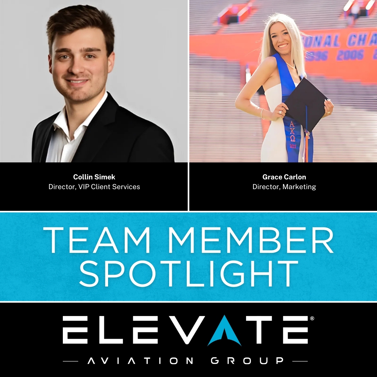 ElevateAvGroup's tweet photo. We’re proud to recognize Grace Carlon, Director of Marketing, and Collin Simek, Director of VIP Client Services, for completing the Emerging Manager Forum—a program designed to strengthen leadership across the aviation industry. https://t.co/yfs3DuGwgv