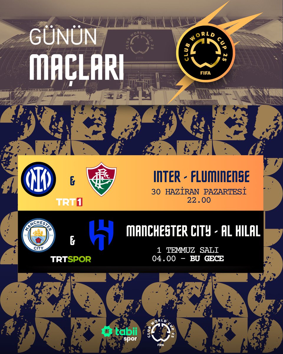 🏆 #FIFACWC | FIFA Kulüpler Dünya Kupası'nda Günün Maçları! 🤩

🆚 Inter - Fluminense
⏰ 22.00

🆚 Manchester City - Al Hilal
⏰ 04.00 - Bu Gece