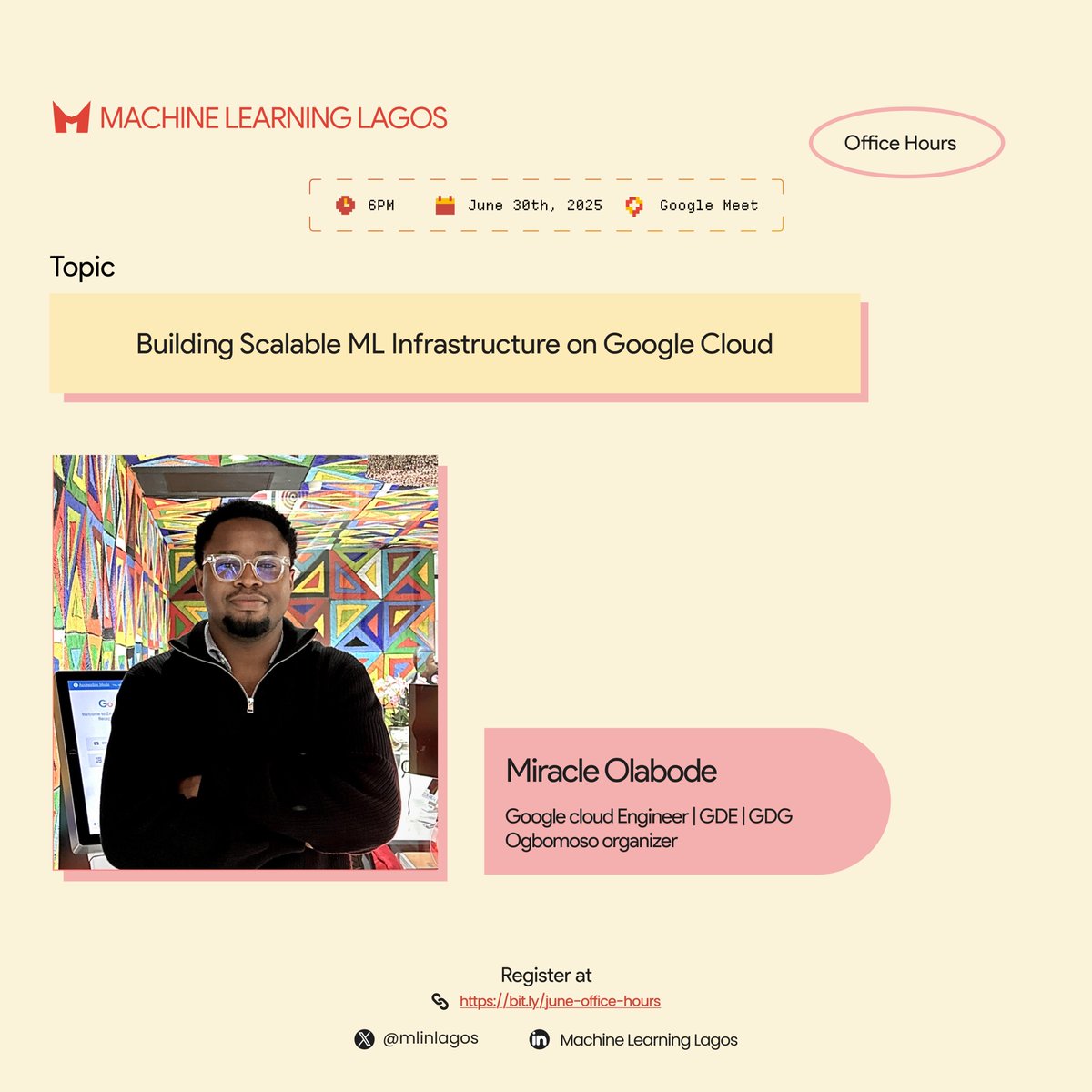 mlinlagos's tweet image. 🚀 Office Hours – June 30, 6 PM WAT

Learn how to build scalable ML infra using Google Cloud ☁️

 Speaker: Miracle (GDE, GDG Ogbomoso) @Olabode_MO 
🔗 Register: bit.ly/june-office-ho… 

#MLLagos #GoogleCloud #MLOps #AI