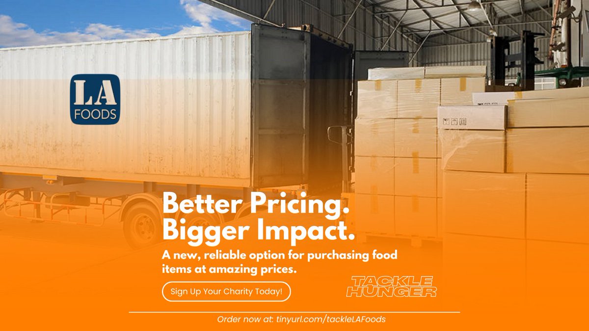 Sign up for the Tackle Hunger Purchase Program powered by LA Foods today! With hub delivery locations, a loading dock is not required. Mixed pallets, small order options, and competitive prices are all part of the services provided. 

Sign up at tinyurl.com/TackleLAFoods.