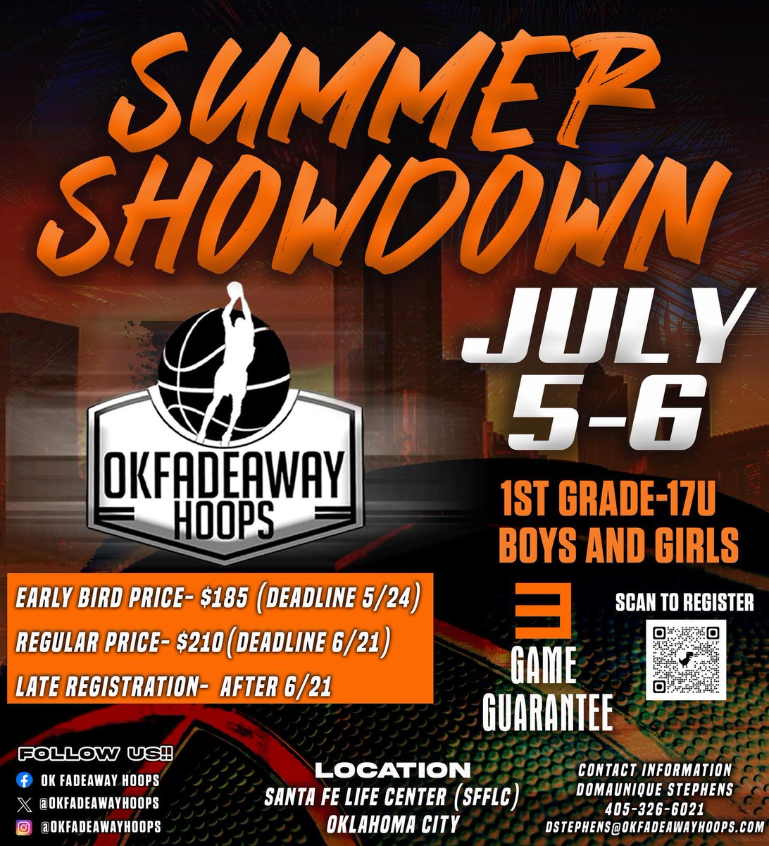 🚨 FINAL CALL! Summer Showdown (D2) is July 5–6 in OKC! 3-game guarantee for 1st–17U boys &amp; girls 🏀 Deadline to register is TONIGHT at 9PM! 📍 SFFLC | Click link in bio to register. #okfadeawayhoops #d2hoops #youthbasketball bit.ly/3G1J7TS