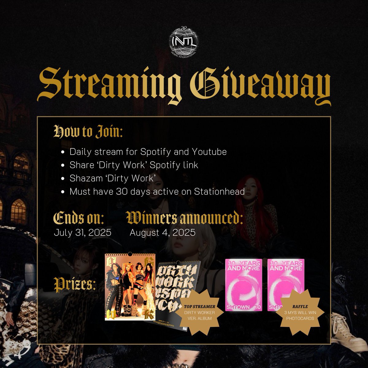🚧 GIVEAWAY TIME: MYs ON DUTY! 🚧

To celebrate aespa’s comeback, we’re launching a Streaming Giveaway! 

Create folder with your username to upload your proofs using this link: tinyurl.com/drtwrkgiveaway

Ends on: July 31, 2025
Winners announced: August 4, 2025