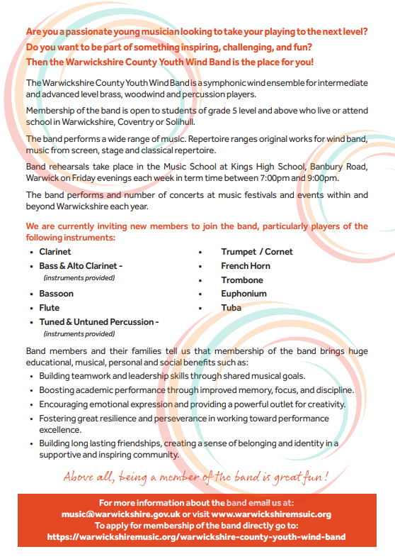 StraUponAvonSch's tweet image. Passionate about music? Our friends @wark_shiremusic  would like to invite you to join the Warwickshire County Youth Wind Band. A fun way to be part of something &amp;amp; meet new people. More information on their website #SuASCommunity
