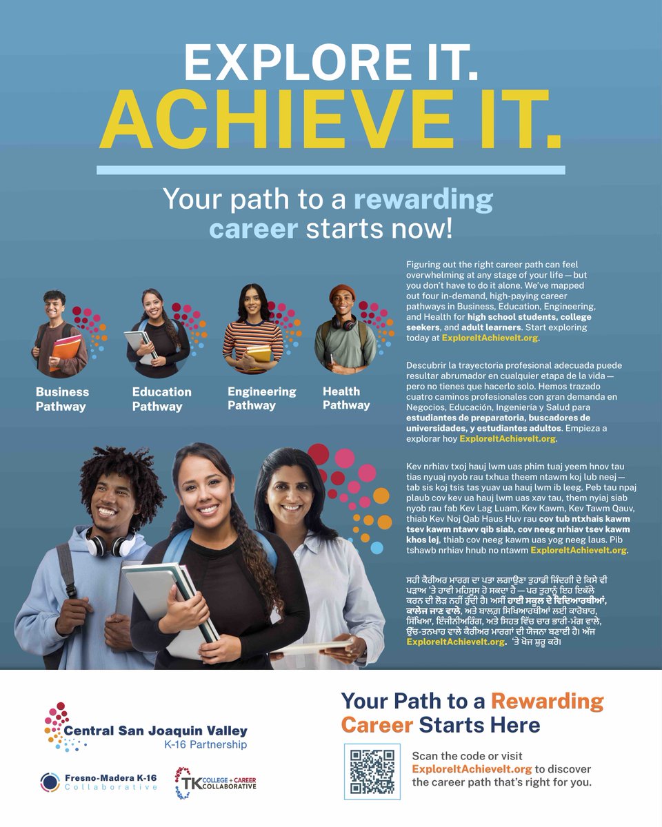 FresnoK16's tweet image. Did you know career pathways can shorten your time to earn degrees or certificates? Save money and time while pursuing high-demand industries. Learn more at ExploreItAchieveIt.org