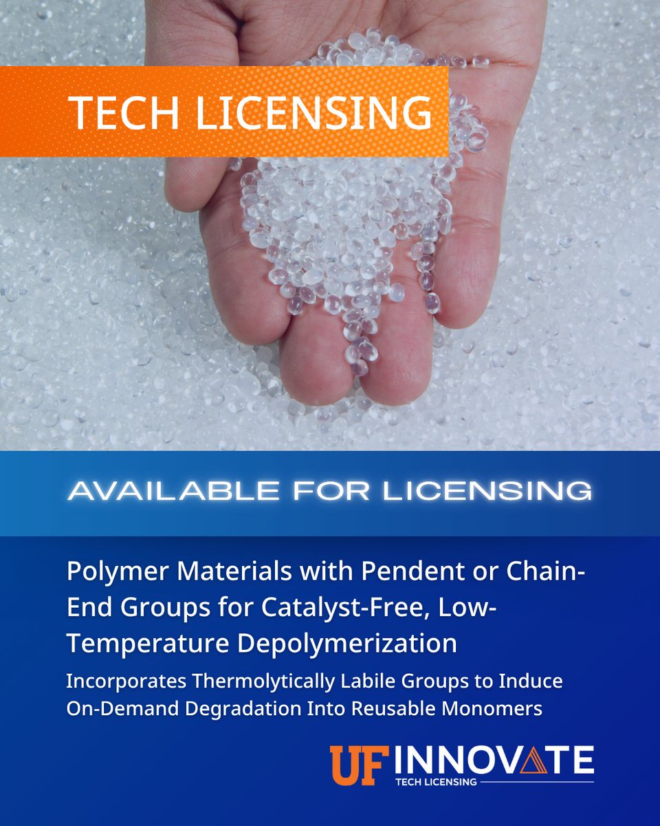 UF Innovate | Tech Licensing (@ufotl) on Twitter photo Dr. <a href="/Brent_Sumerlin/">Brent Sumerlin</a> and his team at <a href="/UFChemistry/">UF Chemistry</a> engineered a recyclable PMMA that breaks down into high-purity monomers—no solvents, no catalysts, and 90% recovery at lower temps. A major step toward sustainable plastics in cars, planes, and beyond.
🔗: ufinnovate.technologypublisher.com/tech?title=Pol… Dr. <a href="/Brent_Sumerlin/">Brent Sumerlin</a> and his team at <a href="/UFChemistry/">UF Chemistry</a> engineered a recyclable PMMA that breaks down into high-purity monomers—no solvents, no catalysts, and 90% recovery at lower temps. A major step toward sustainable plastics in cars, planes, and beyond.
🔗: ufinnovate.technologypublisher.com/tech?title=Pol…