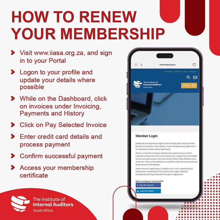 IIASOUTHAFRICA's tweet image. Renew in just a few easy steps and continue enjoying all the perks of being part of the IIA SA community.

Head to zurl.co/OYfRf and renew today! Email: member.info@iiasa.org.za 

#IIASA #MembershipRenewal #InternalAuditors #ProfessionalExcellence #AuditCommunity