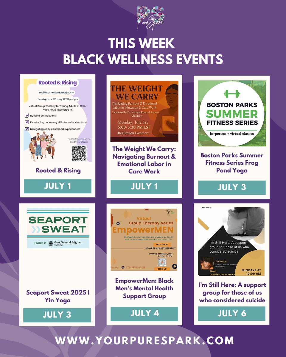 yourpurespark's tweet photo. Explore Black-centered wellness events this week! 🌟 Check them out: 👉🏾 Rooted &amp; Rising, 👉🏾 The Weight We Carry, 👉🏾 Frog Pond Yoga, 👉🏾 Yin Yoga, 👉🏾 EmpowerMen, 👉🏾 I'm Still Here. https://t.co/REJfPd73Lf #BlackWellness #MentalHealth #CommunitySupport #PureSpark  #WellnessEvents https://t.co/CyiUuRdFO9