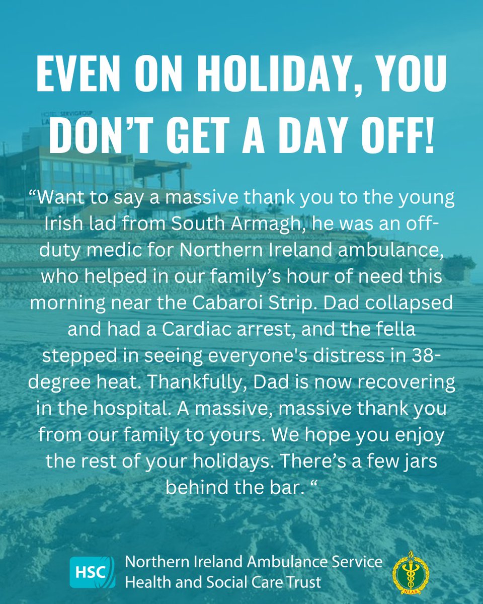 A young off-duty NIAS medic helped a family on Holiday after their dad suffered a cardiac arrest. Thanks to his quick actions, their dad is now recovering. His quick thinking in a moment of crisis made all the difference, stepping up without hesitation when it mattered most. 👏❤️