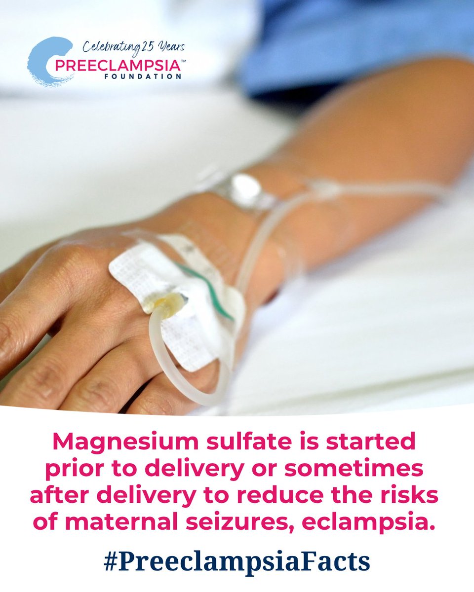 Magnesium sulfate (given intravenously) is the treatment of choice for severe #preeclampsia to prevent #eclampsia, or after eclampsia develops to prevent more seizures. 

Learn more here: preeclampsia.org/what-is-eclamp…